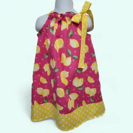 Pillowcase Dress in a Lemon print fabric, Girls Lemonade dress,  Girl Dress, Birthday Toddler Fruit Print Dress, Pink Yellow Summer Dress,