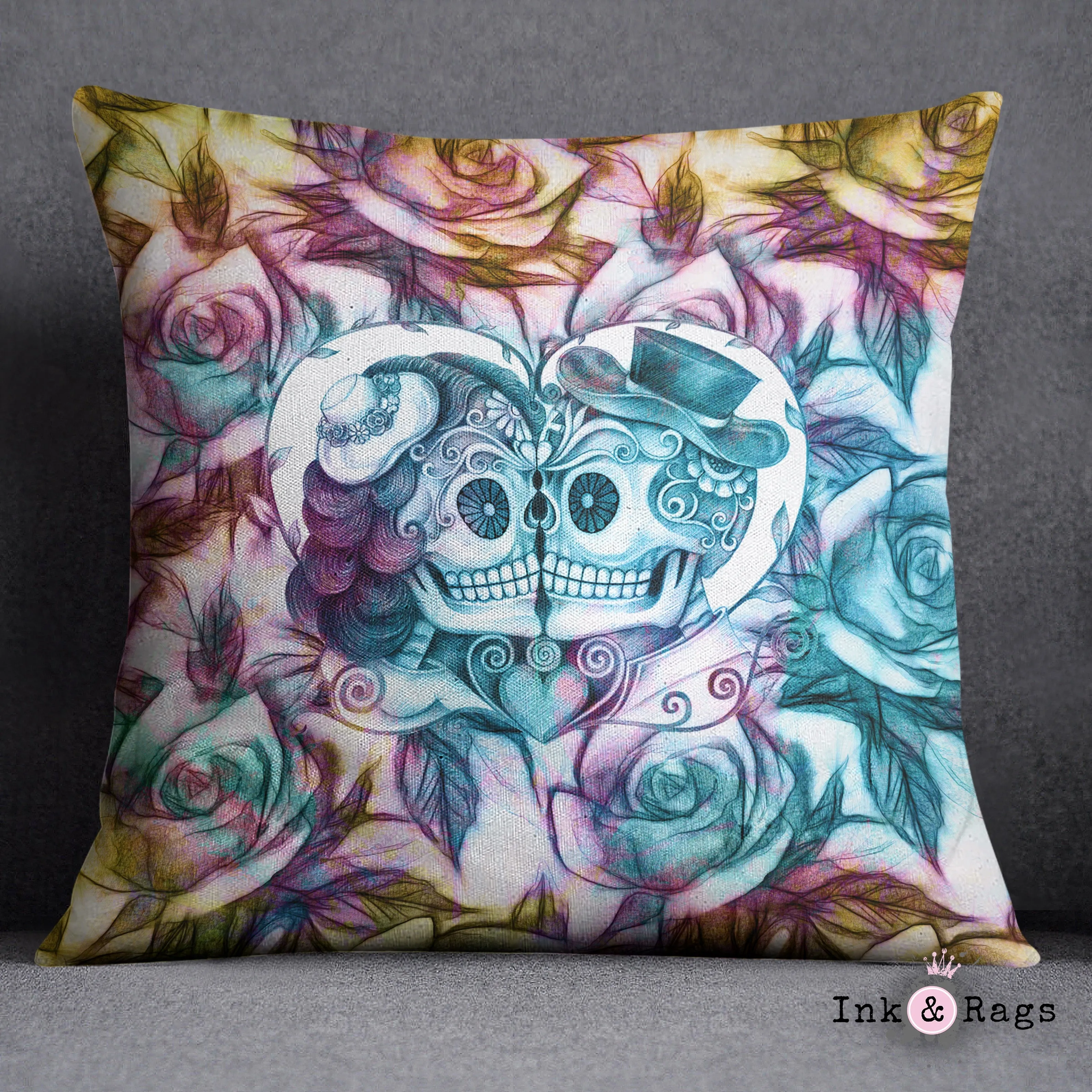 Purple Gold and Teal Kissing Couple Sugar Skull Rose Decorative Throw and Pillow Cover Set