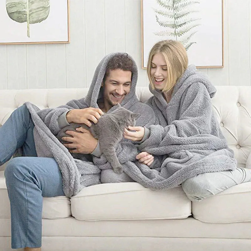 "Cozy Winter Hooded Sweater Blanket - Women's Oversized Fleece Blanket with Sleeves, Large Pocket, and Warm Thick TV Hoodie Robe - Perfect for Couples"