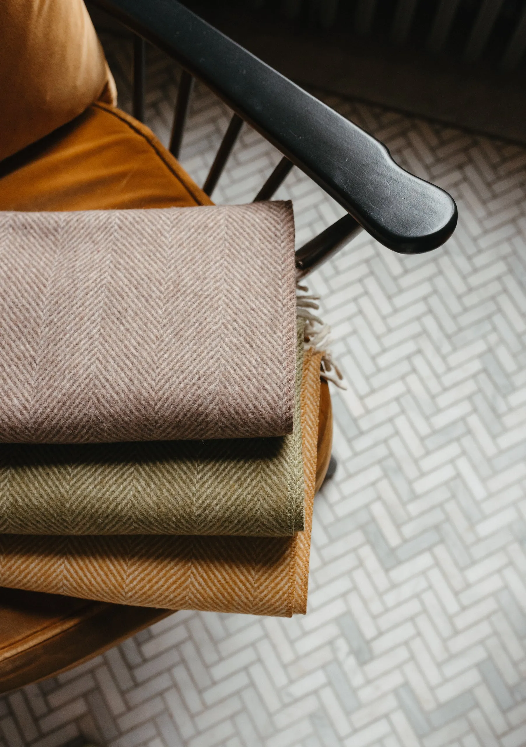 Sample Sale Recycled Wool Small Blanket in Olive Herringbone