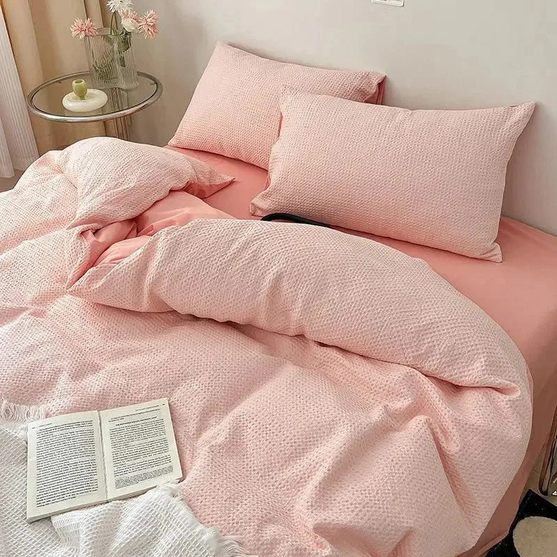 SINOTAO  -  Bedding Set Duvet Cover Ins Style Wash Cotton Solid Color Waffle Grid Summer Soft Bed Sheet Set Comforter Set Quilt Cover