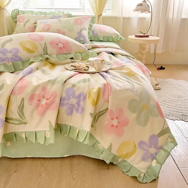 SINOTAO  -  Floral Bedding Set with Ruffles, 100% Cotton, Korean, Single, Full, Queen, Duvet Cover, Bed Sheet or Fitted Sheet, Pillowcases