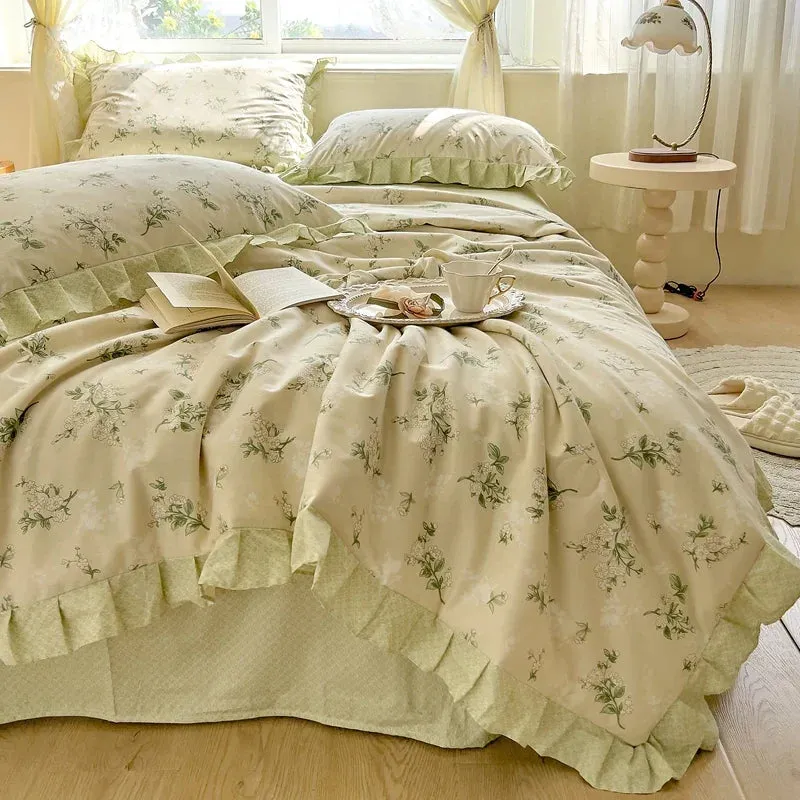 SINOTAO  -  Floral Bedding Set with Ruffles, 100% Cotton, Korean, Single, Full, Queen, Duvet Cover, Bed Sheet or Fitted Sheet, Pillowcases