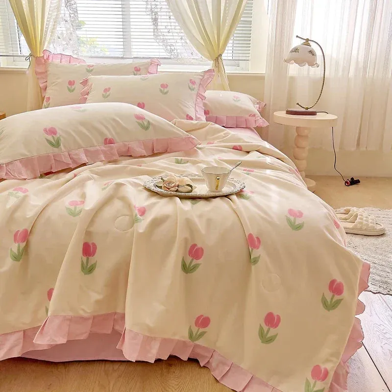 SINOTAO  -  Floral Bedding Set with Ruffles, 100% Cotton, Korean, Single, Full, Queen, Duvet Cover, Bed Sheet or Fitted Sheet, Pillowcases