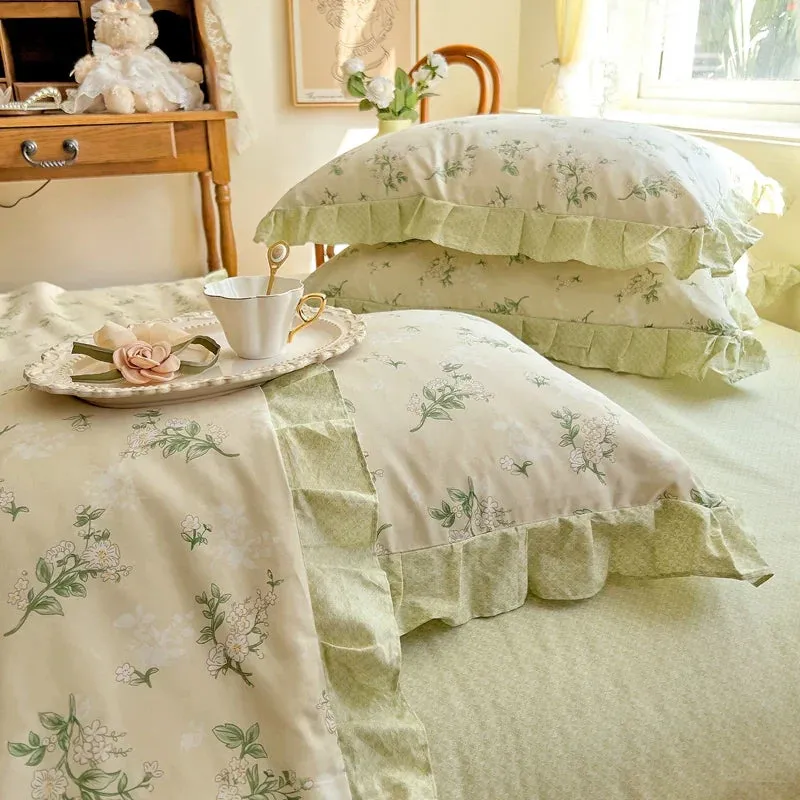 SINOTAO  -  Floral Bedding Set with Ruffles, 100% Cotton, Korean, Single, Full, Queen, Duvet Cover, Bed Sheet or Fitted Sheet, Pillowcases