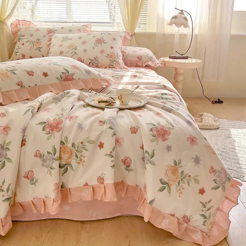 SINOTAO  -  Floral Bedding Set with Ruffles, 100% Cotton, Korean, Single, Full, Queen, Duvet Cover, Bed Sheet or Fitted Sheet, Pillowcases