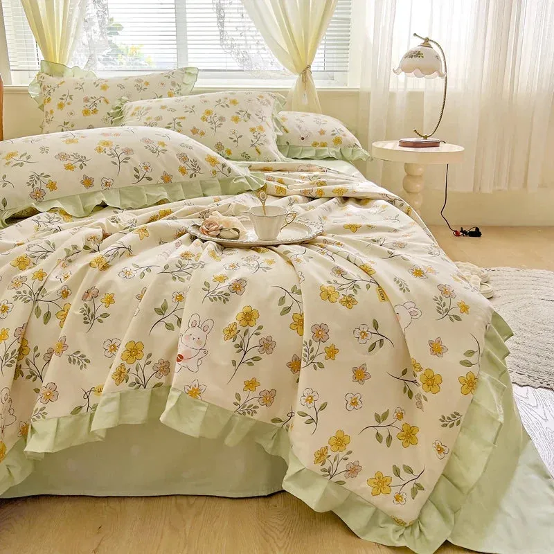 SINOTAO  -  Floral Bedding Set with Ruffles, 100% Cotton, Korean, Single, Full, Queen, Duvet Cover, Bed Sheet or Fitted Sheet, Pillowcases