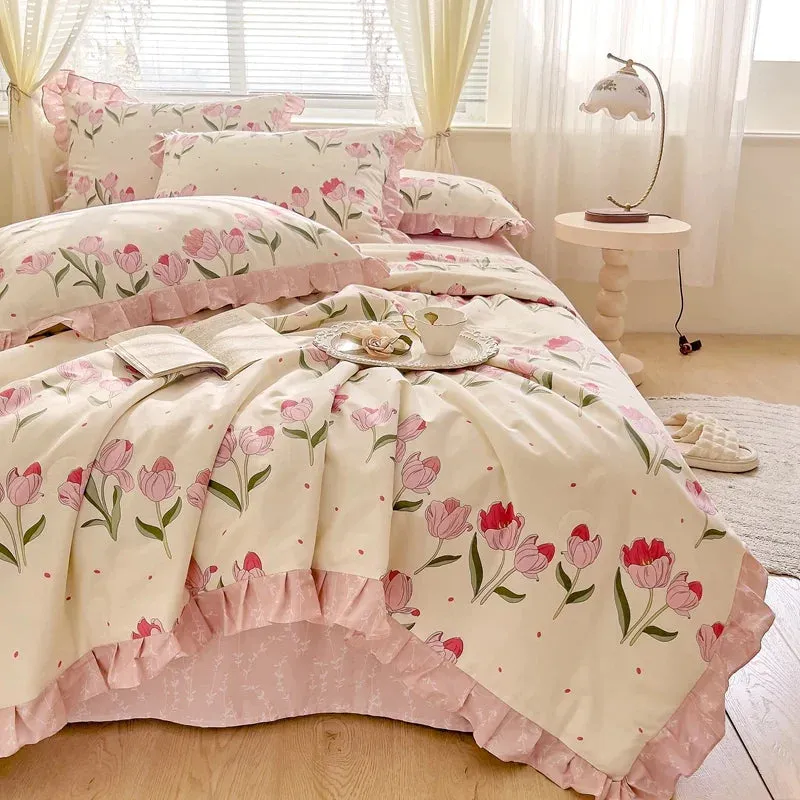 SINOTAO  -  Floral Bedding Set with Ruffles, 100% Cotton, Korean, Single, Full, Queen, Duvet Cover, Bed Sheet or Fitted Sheet, Pillowcases