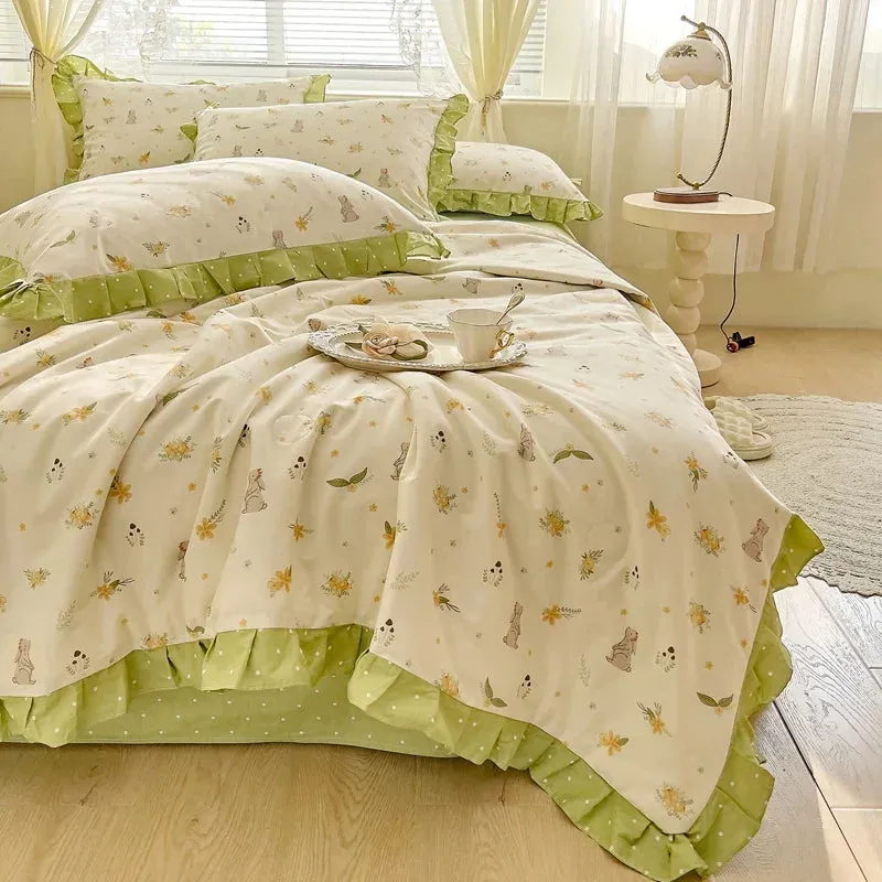 SINOTAO  -  Floral Bedding Set with Ruffles, 100% Cotton, Korean, Single, Full, Queen, Duvet Cover, Bed Sheet or Fitted Sheet, Pillowcases