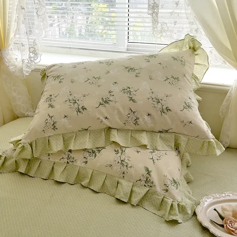 SINOTAO  -  Floral Bedding Set with Ruffles, 100% Cotton, Korean, Single, Full, Queen, Duvet Cover, Bed Sheet or Fitted Sheet, Pillowcases