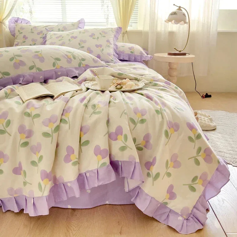 SINOTAO  -  Floral Bedding Set with Ruffles, 100% Cotton, Korean, Single, Full, Queen, Duvet Cover, Bed Sheet or Fitted Sheet, Pillowcases