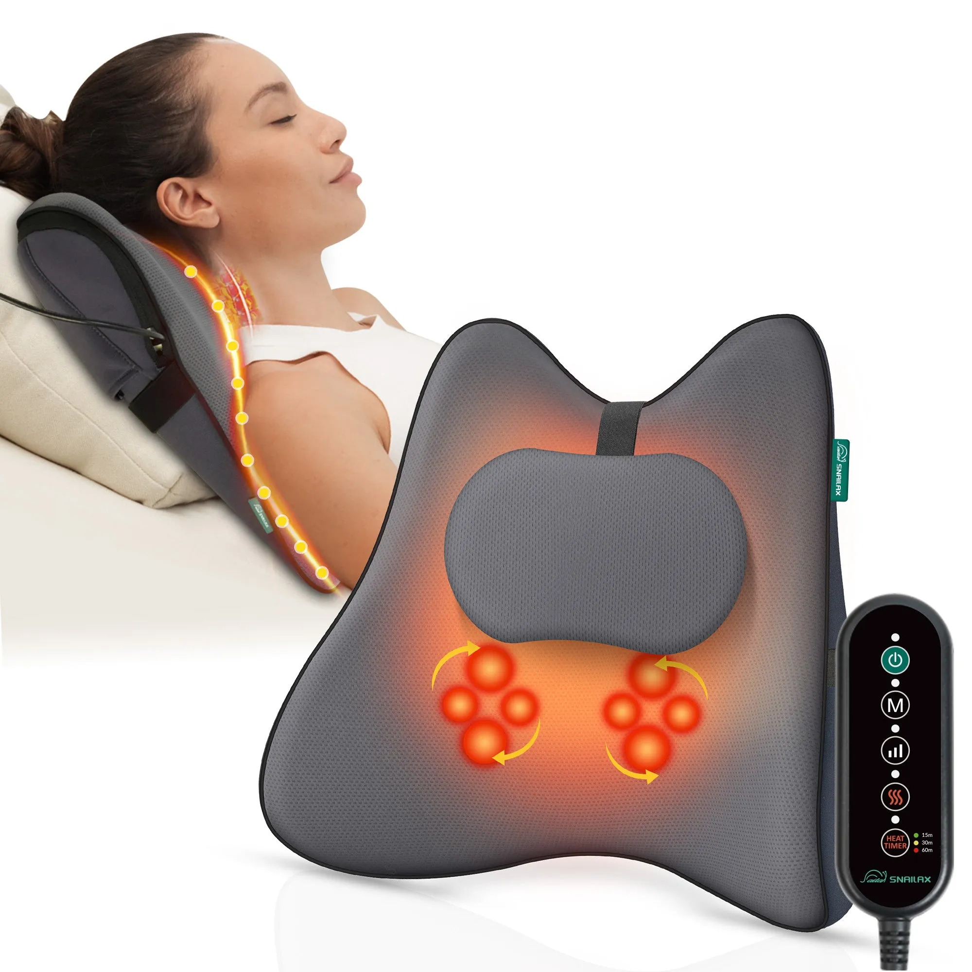 Snailax Memory Foam Shiatsu Back Massager Lumbar Support Pillow with Heat, with 8 Shiatsu Nodes for Back Pain Relief - 132