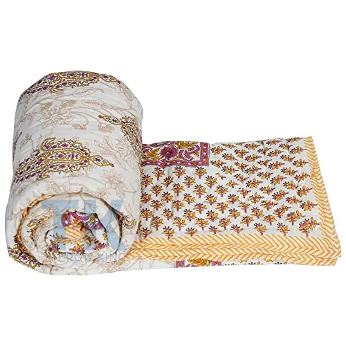 THROW KING Rajasthani Traditional Floral Desing Pure Cotton Single Bed Jaipuri Razai/Rajai/A/c Quilt/Blanket/Dohar/Comforter (Maroon/Yellow)(Size 60X90)