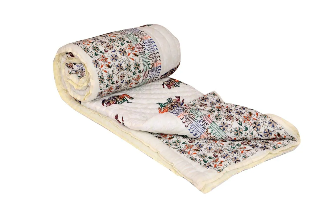 THROW KING Rajasthani Traditional Organic Cotton Floral Design Reversible Double Bed Jaipuri razai Ac Quilts,Blanket,Duvet,Throw Multicolor (Double Bed)