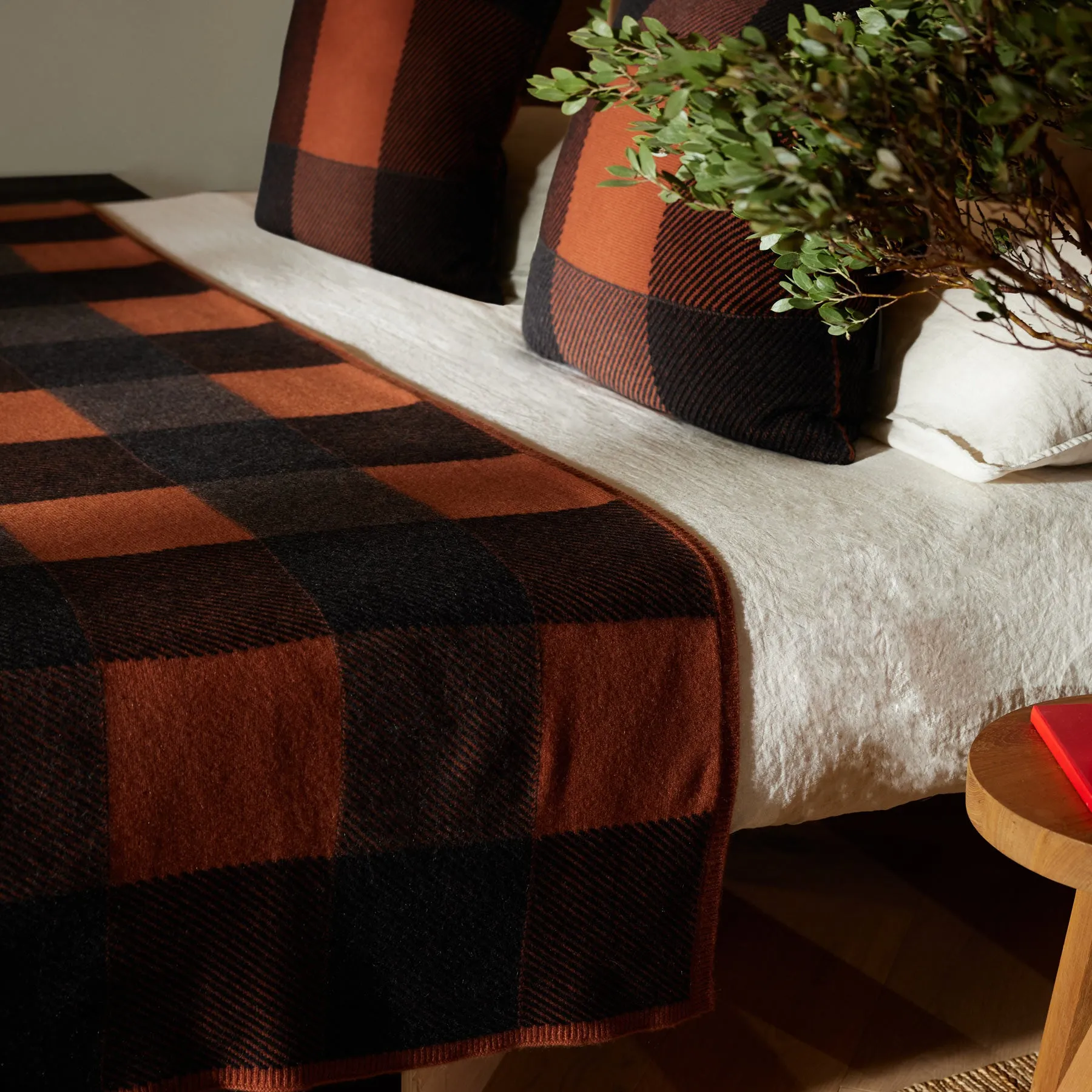 Vintage Plaid Cashmere Blanket - Burnt Orange/ Charcoal/ Black