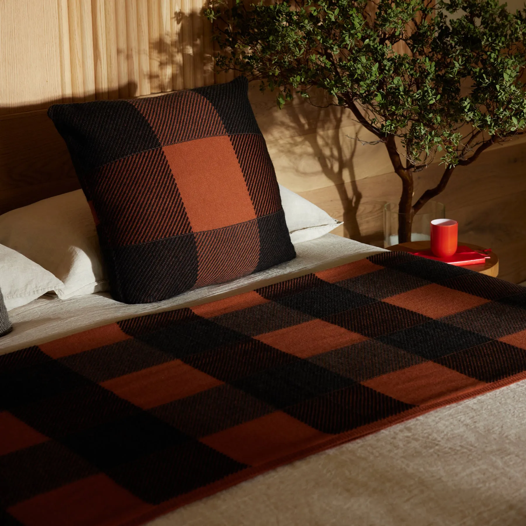 Vintage Plaid Cashmere Blanket - Burnt Orange/ Charcoal/ Black