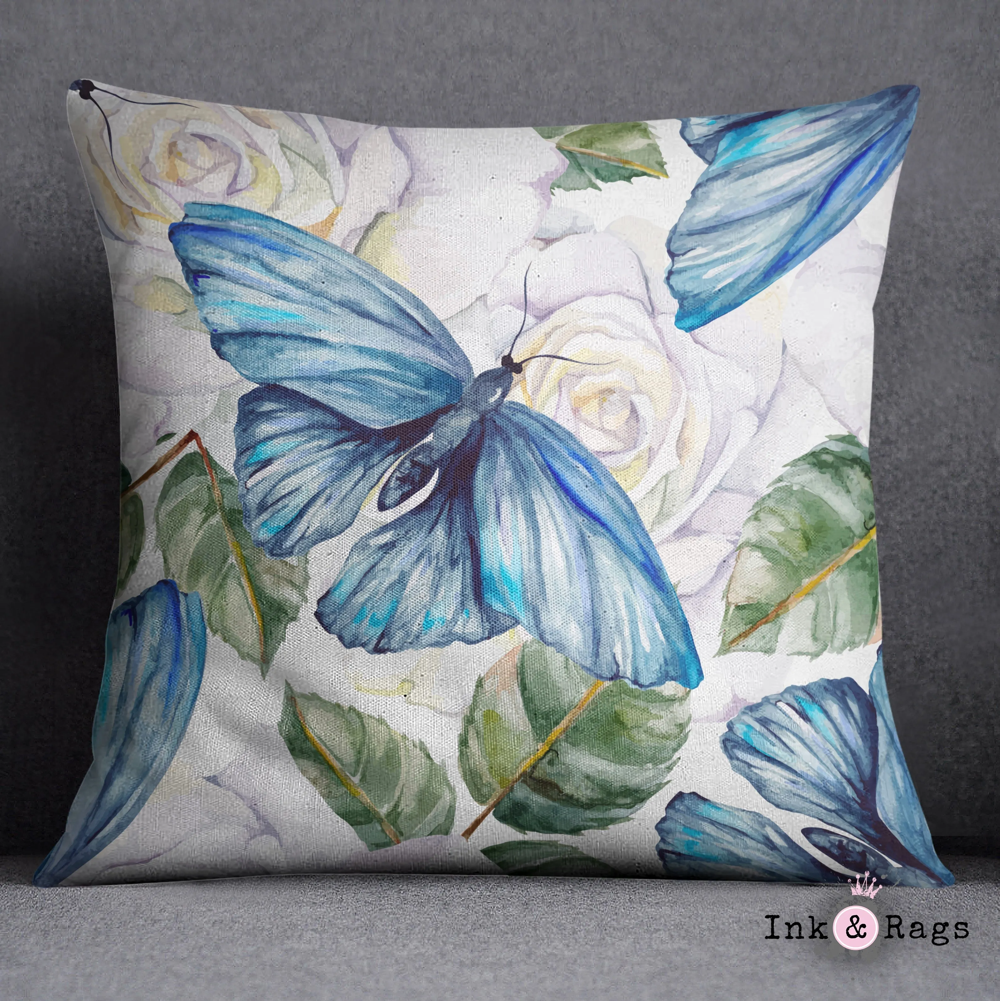 Watercolor Blue Butterfly and White Rose Decorative Throw and Pillow Cover Set