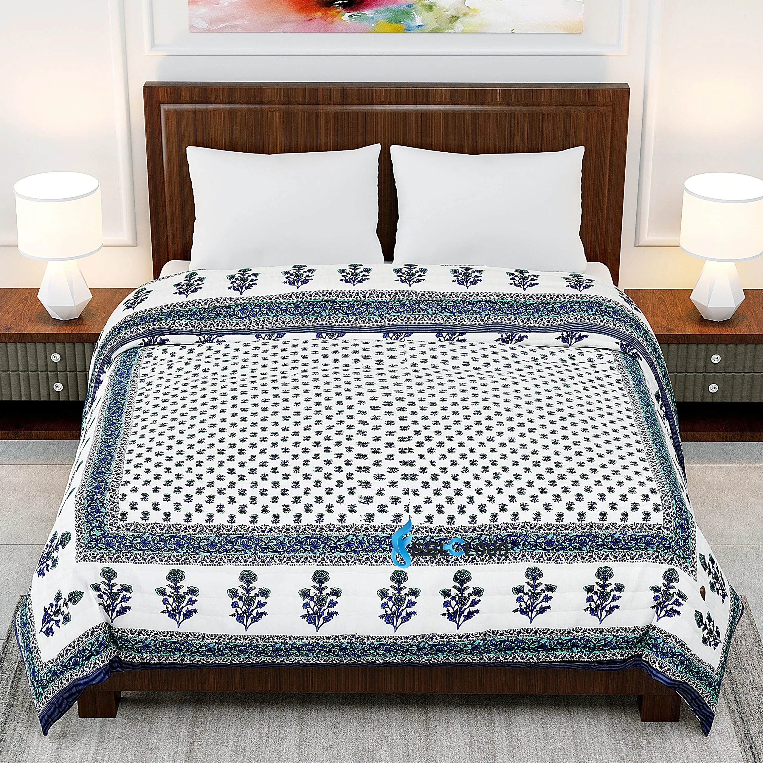 Woodsy Jaipuri Razai Handmade Blue Floral Printed Light Weight Pure Cotton Single Bed Reversible Both Side Kantha Quilt Throw | Super Soft | Bedroom Decor | Blanket Twin Size (60 X 90 INCHES)