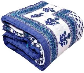 Woodsy Jaipuri Razai Handmade Blue Floral Printed Light Weight Pure Cotton Single Bed Reversible Both Side Kantha Quilt Throw | Super Soft | Bedroom Decor | Blanket Twin Size (60 X 90 INCHES)