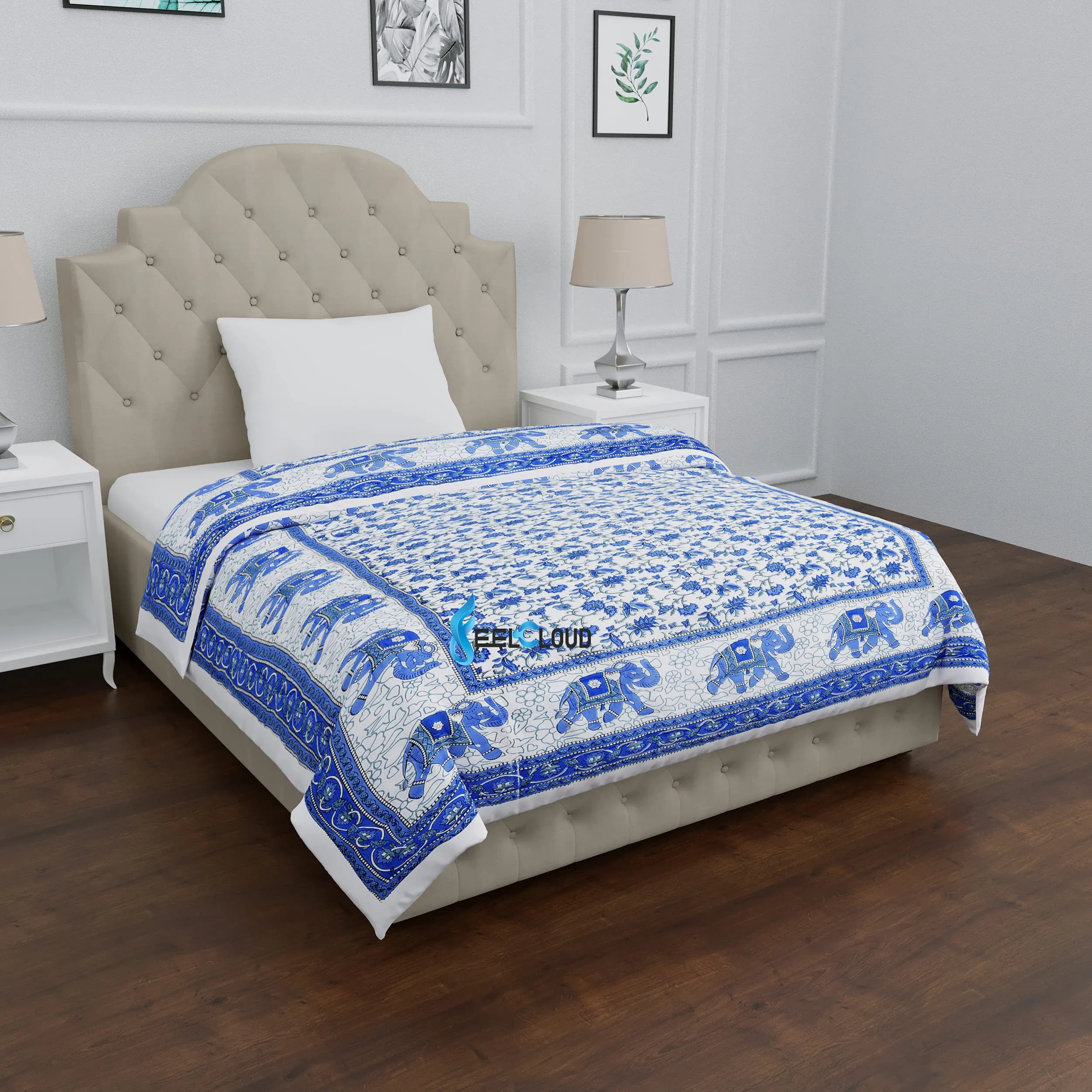 WOODSY Jaipuri Razai Organic Pure Cotton Jaipuri rajai Ac Quilt for All Season Reversible Soft Light Weight Rajasthani Cotton Quilt Summer and Winter (Blue Elephant Pack of 1 Single Bed 60 X 90 Inch)