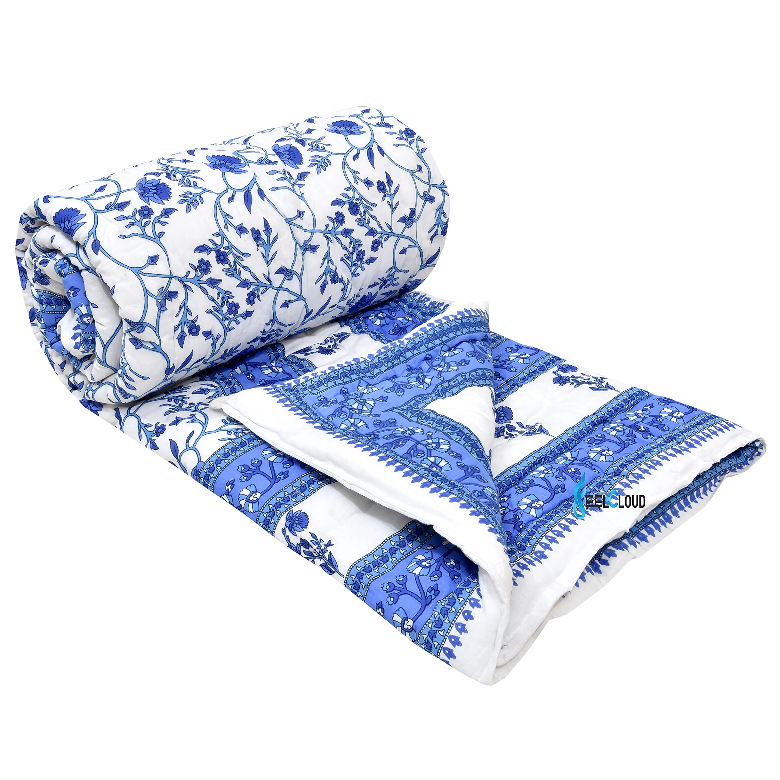 Woodsy Jaipuri Razai Rajasthani Traditional Blue Floral Print Reversible Single Bed Soft Light Weight Pure Cotton Winter and Summer Rajai Ac Quilt Razai/Rajai/Quilt/Blanket/Dohar/Comforter Twin Size