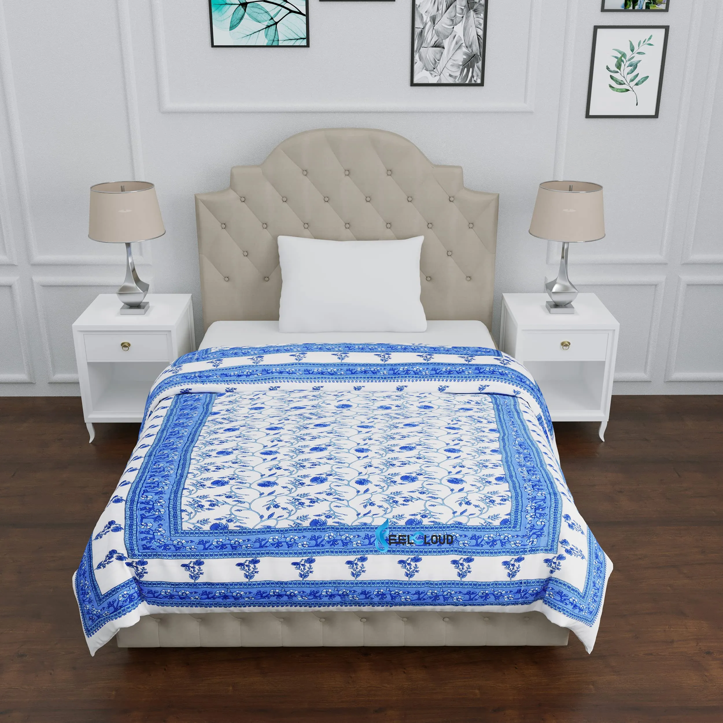 Woodsy Jaipuri Razai Rajasthani Traditional Blue Floral Print Reversible Single Bed Soft Light Weight Pure Cotton Winter and Summer Rajai Ac Quilt Razai/Rajai/Quilt/Blanket/Dohar/Comforter Twin Size