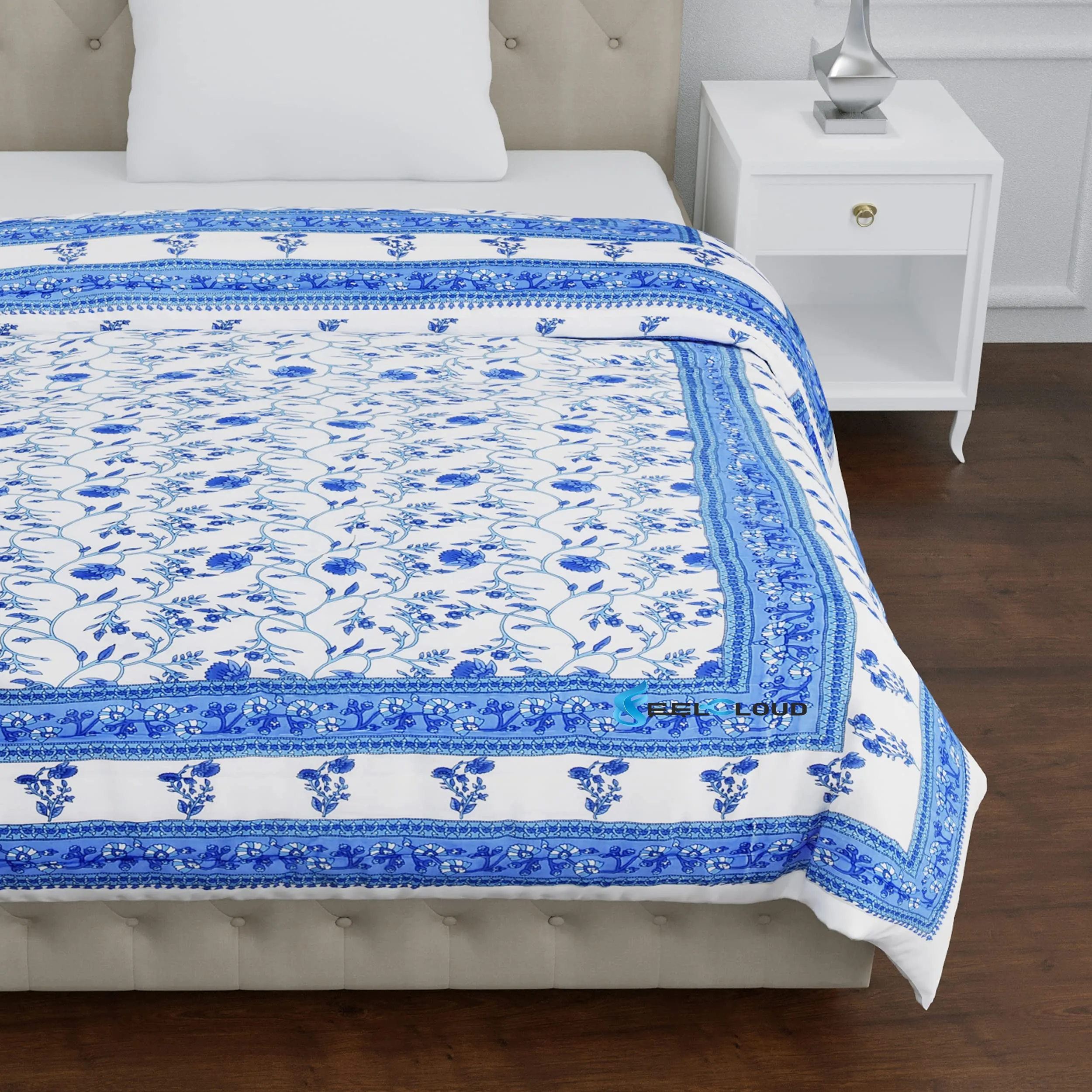 Woodsy Jaipuri Razai Rajasthani Traditional Blue Floral Print Reversible Single Bed Soft Light Weight Pure Cotton Winter and Summer Rajai Ac Quilt Razai/Rajai/Quilt/Blanket/Dohar/Comforter Twin Size