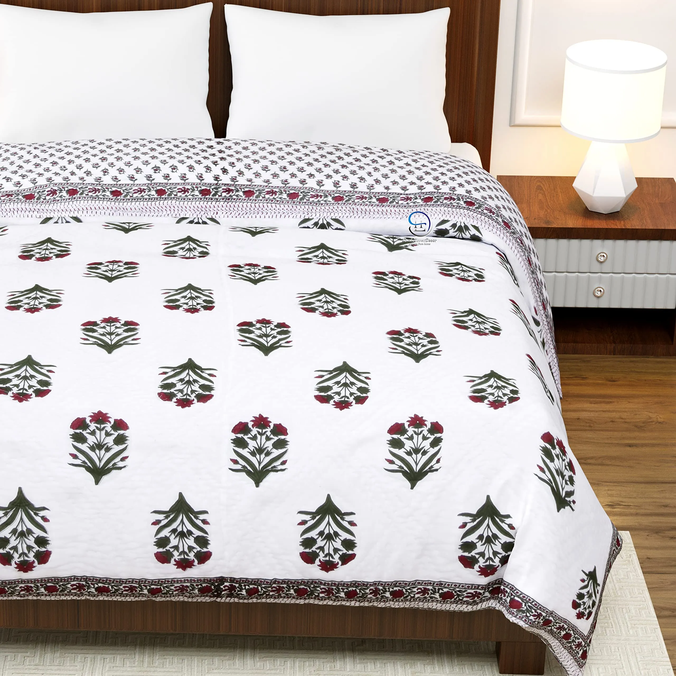 WORLDNEX 400 TC Jaipuri Light Weight Pure Cotton Traditional Hand Block Big Flower Print Double Bed Quilt/Razai/Rajai (White & Green, 90 x 105 Inches, Double Bed)