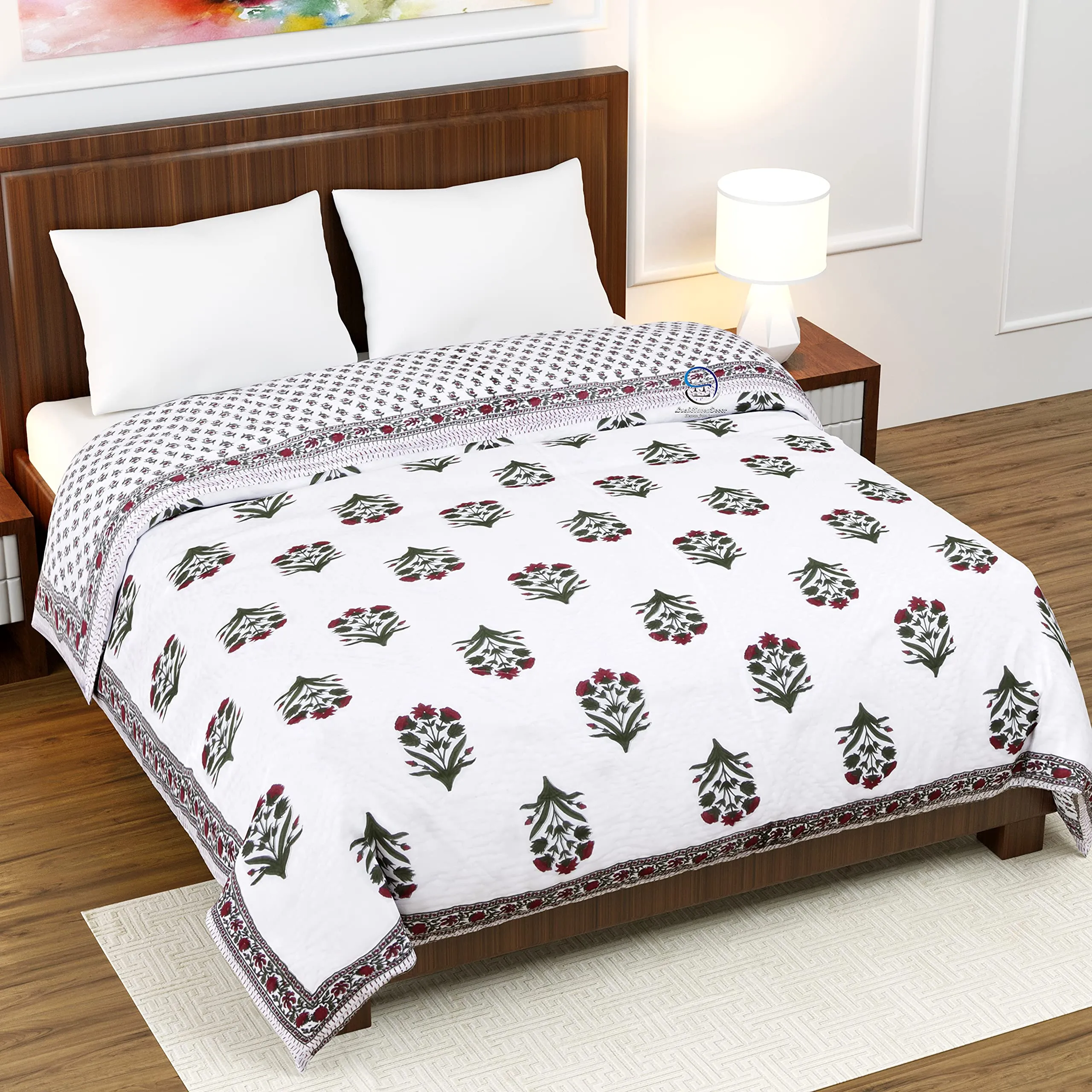 WORLDNEX 400 TC Jaipuri Light Weight Pure Cotton Traditional Hand Block Big Flower Print Double Bed Quilt/Razai/Rajai (White & Green, 90 x 105 Inches, Double Bed)