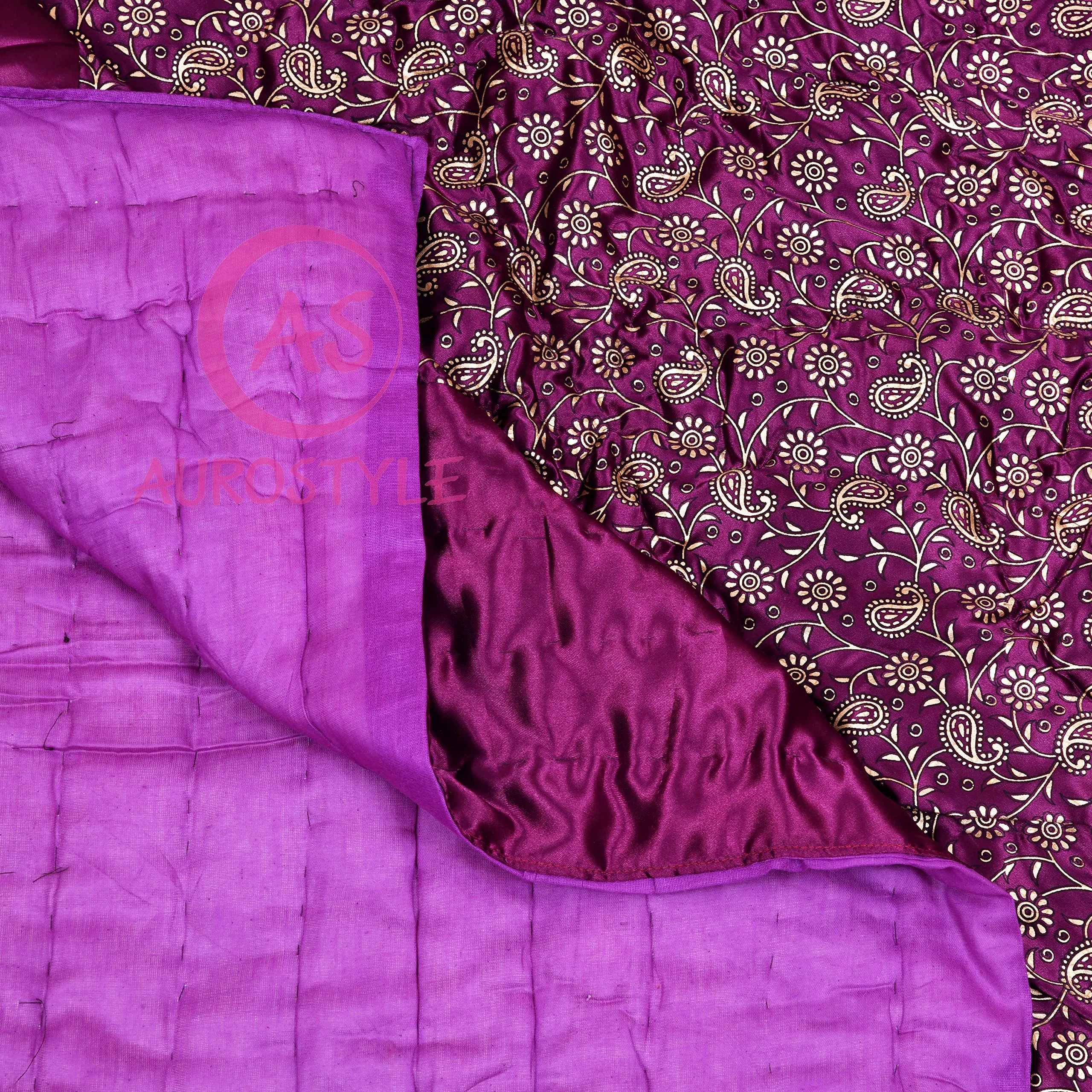 WORLDNEX Cotton Filled Light Weight Silk Jaipuri AC Quilt/Razai Over All Over Printed with Gold Print Jaipuri Quilts/Razai (85x100 Inch,Purple Jaal Print, Double Bed)