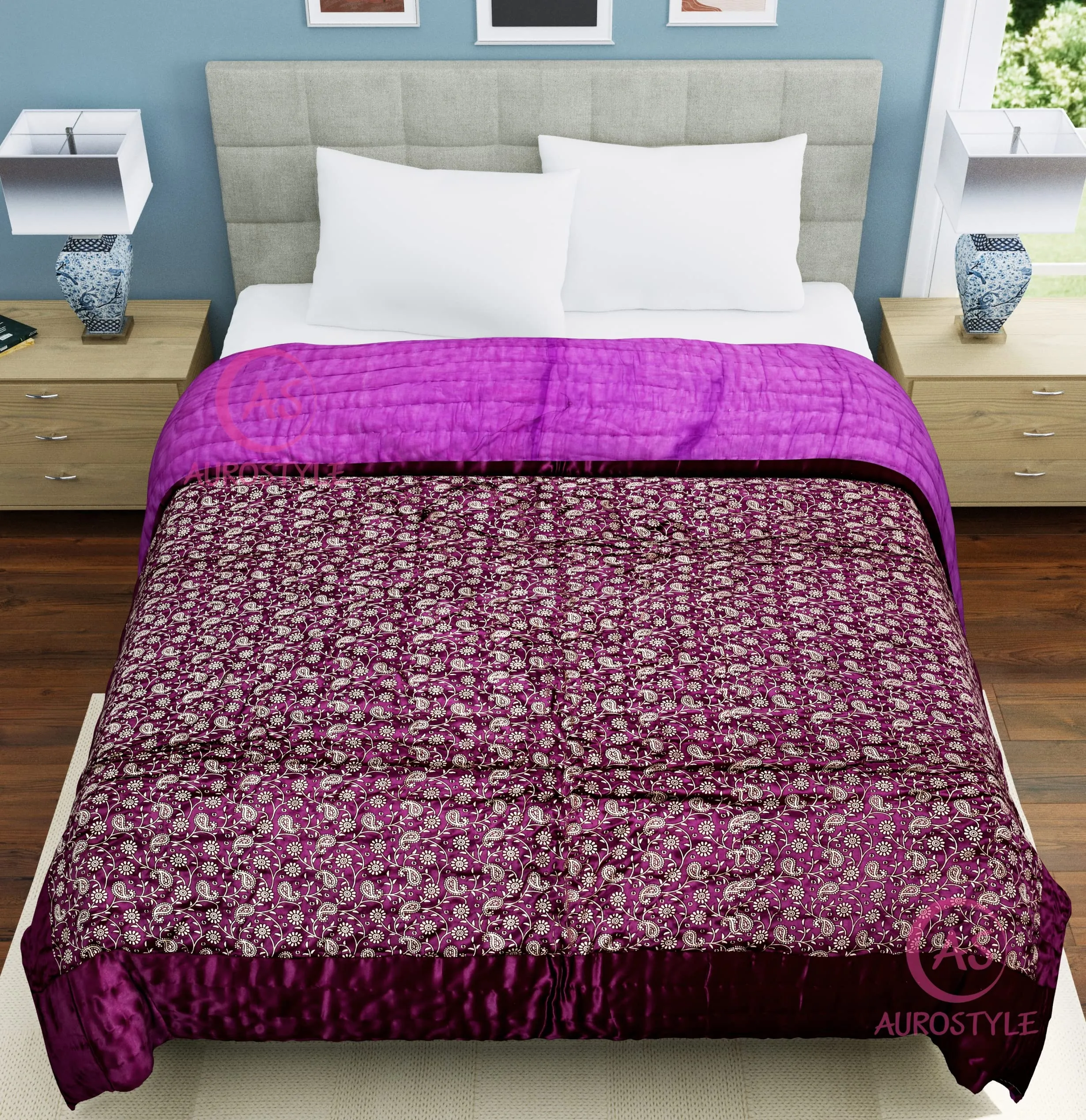 WORLDNEX Cotton Filled Light Weight Silk Jaipuri AC Quilt/Razai Over All Over Printed with Gold Print Jaipuri Quilts/Razai (85x100 Inch,Purple Jaal Print, Double Bed)